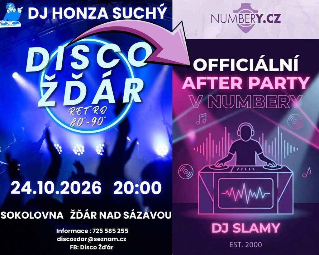 Až dozní poslední retro pecky z Disco Žďár v Sokolovně, rozhodně nejde se domů! To nejlepší pokračuje na OFICIÁLNÍ AFTER PARTY V NUMBERY! 🎧💥

Za pult se postaví  DJ Slamy (Est. 2000), která naplno rozjede parket a bude hrát až do rána! 🕺💃

Rozjetá atmosféra, nejlepší drinky a zábava, která nekončí předčasně — Numbery bude hlavní cíl téhle noci! 🥂✨

📅 Kdy: Sobota 24. 10. 2026 📍 Kde: Numbery.cz, Žďár nad Sázavou 🎧 Hraje: DJ Slamy